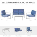 Set Salotto da Giardino Divano 2 Poltrone e Tavolino in Metallo Bianco e Blu