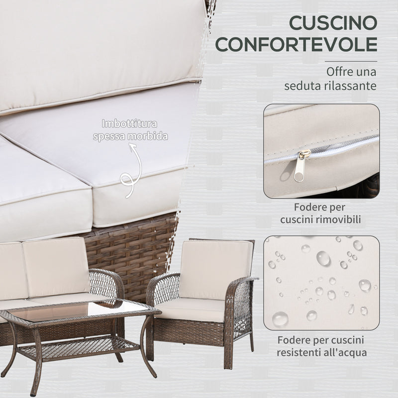 Set Salotto da Giardino Divano 2 Poltrone e Tavolino in Rattan Marrone
