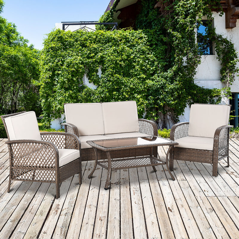 Set Salotto da Giardino Divano 2 Poltrone e Tavolino in Rattan Marrone