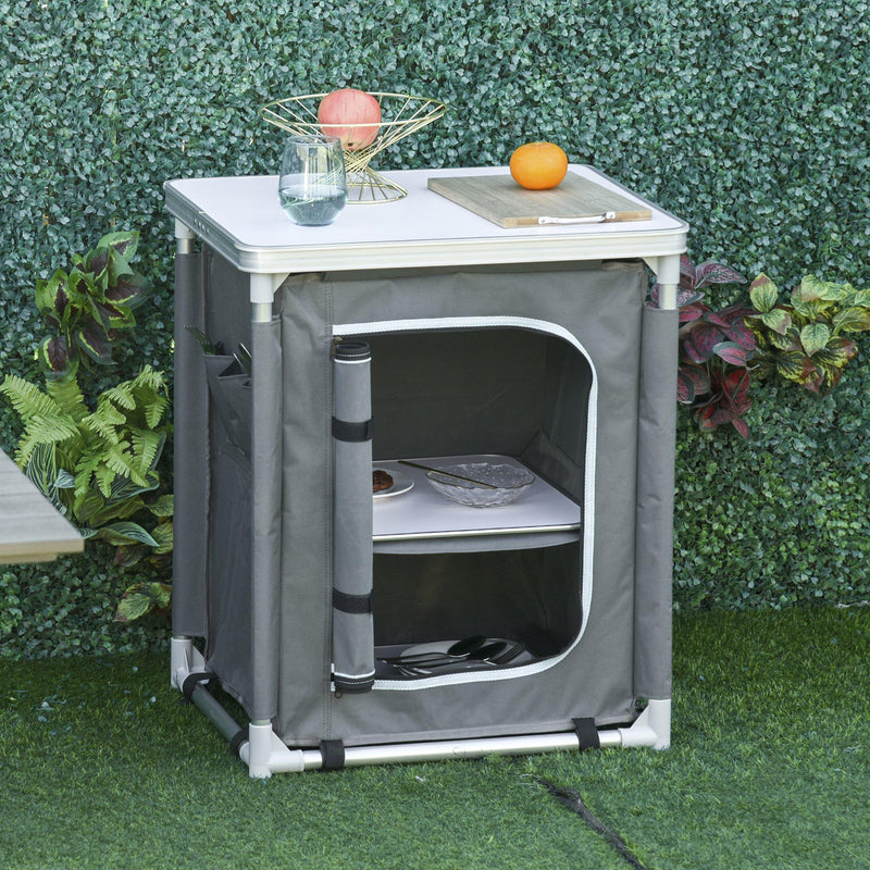 Mobile da Campeggio 2 Mensole 60x49x70 cm in Alluminio e Tessuto Oxford Grigio