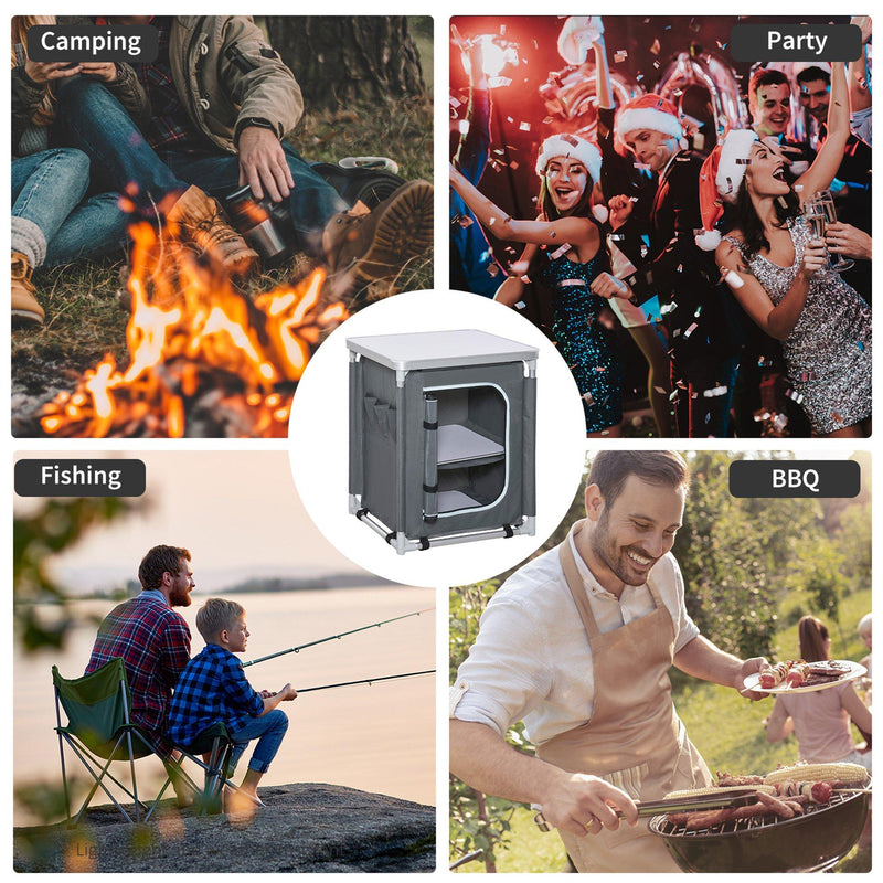 Mobile da Campeggio 2 Mensole 60x49x70 cm in Alluminio e Tessuto Oxford Grigio