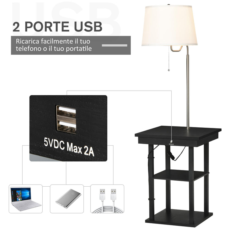 Lampada da Terra con Tavolino e 2 Prese USB 44,5x44,5x144,5 cm in Metallo Nero
