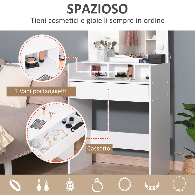 Toletta da Camera con Specchio e LED 70x40x160 cm in Legno Truciolare Bianco