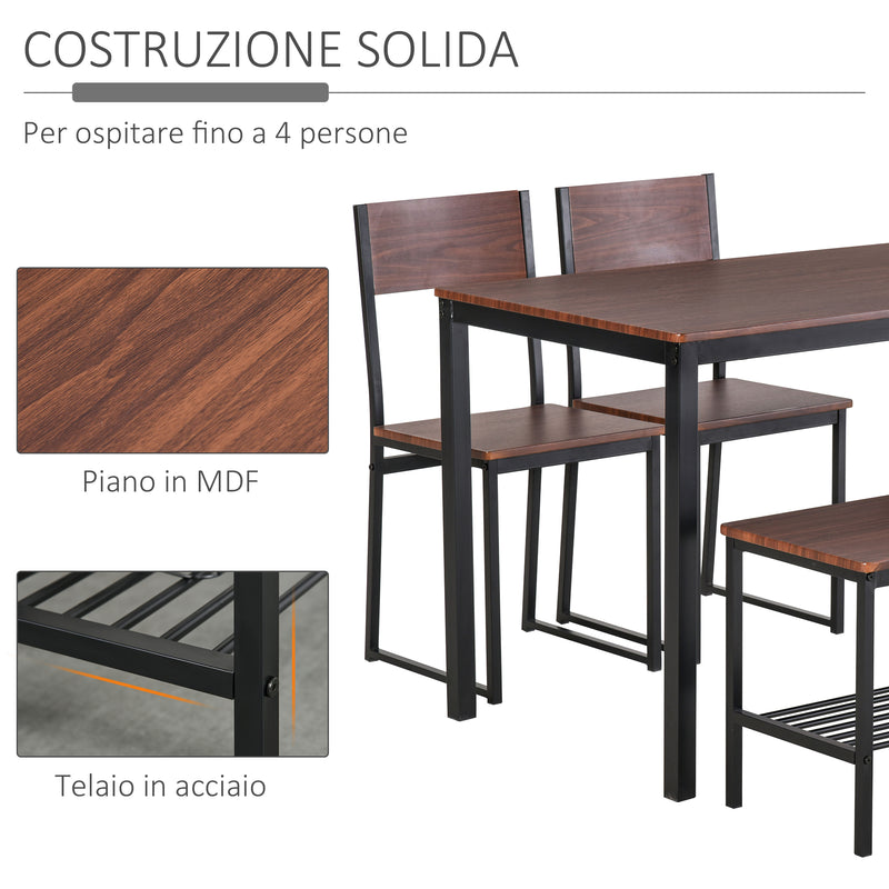 Set Tavolo 2 Sedie e Panca in Metallo e Legno Nero e Marrone