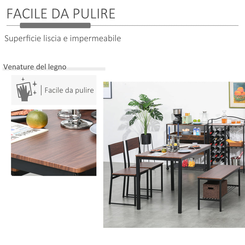 Set Tavolo 2 Sedie e Panca in Metallo e Legno Nero e Marrone