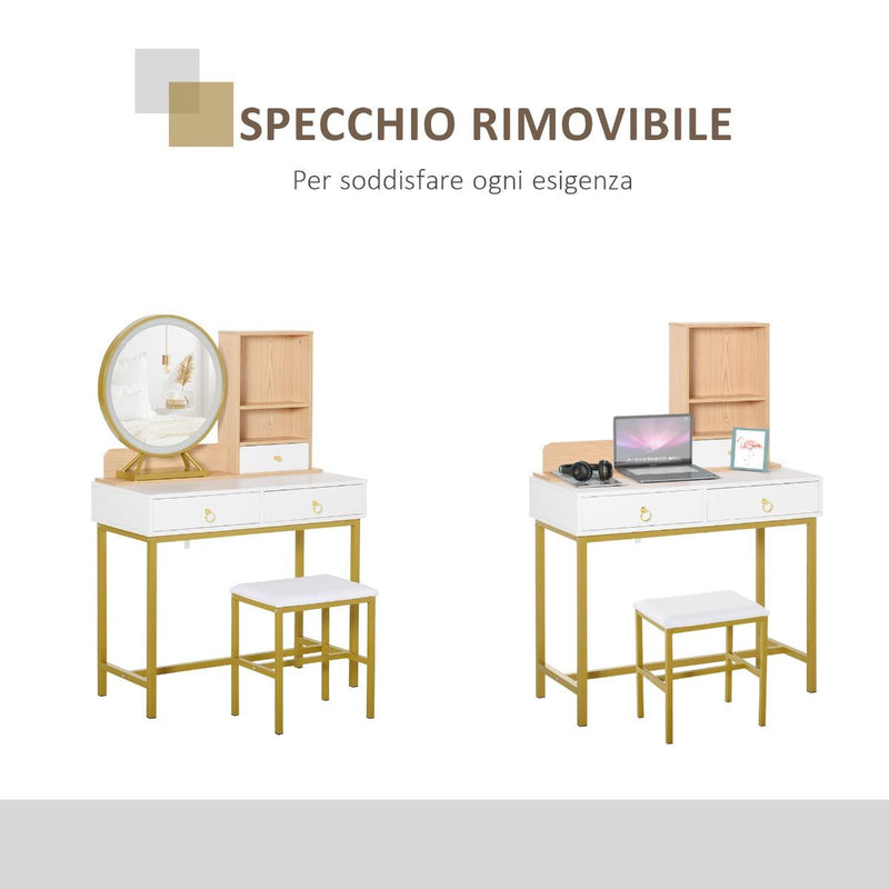 Consolle Trucco 90x40x125 cm con Specchio e Sgabello Bianco