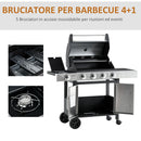 Barbecue a Gas GPL  4 Fuochi 3kW con Fornello Laterale Acciaio