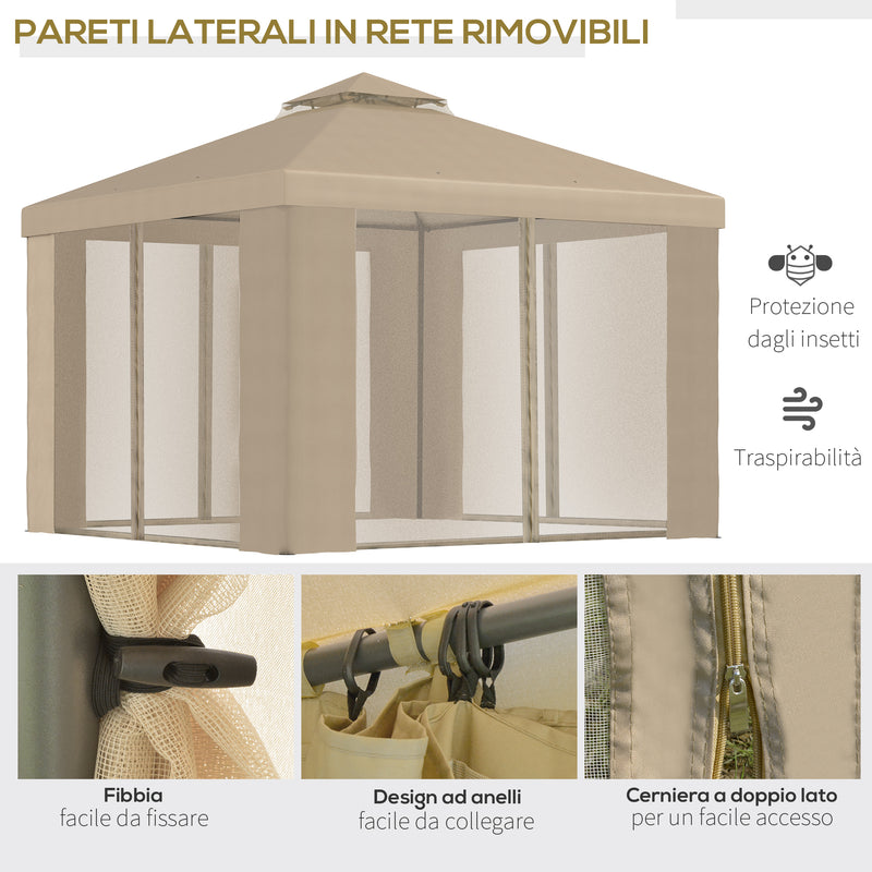 Gazebo da Giardino 3x3m con Zanzariera in Metallo Cachi