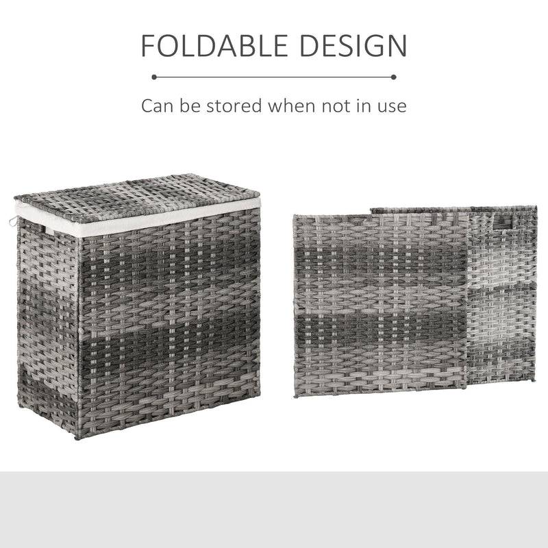 Cesto Portabiancheria Pieghevole 57x34x60 cm in Rattan con Sacco Grigio