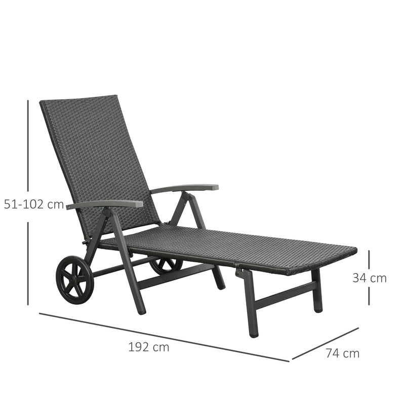 Lettino Prendisole da Giardino 192x74x55 cm con Ruote in Alluminio e Rattan Nero