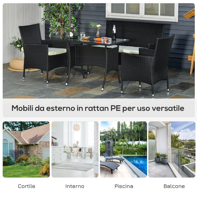 Set da Giardino Divano 2 Poltrone e Tavolo in Rattan Nero