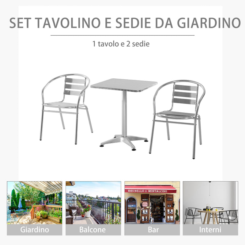 Set Tavolino e 2 Sedie da Giardino in Alluminio e Acciaio Inox
