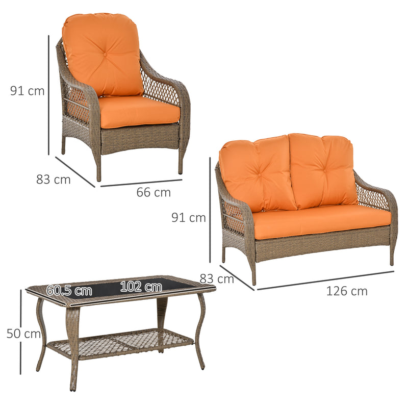 Set da Giardino Divano 2 Poltrone  e Tavolino in Rattan con Cuscini Arancione