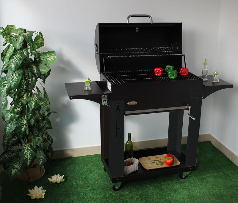 Barbecue a Carbone 140x44x120 cm con 3 Griglie e Coperchio in Acciaio Milano Nero