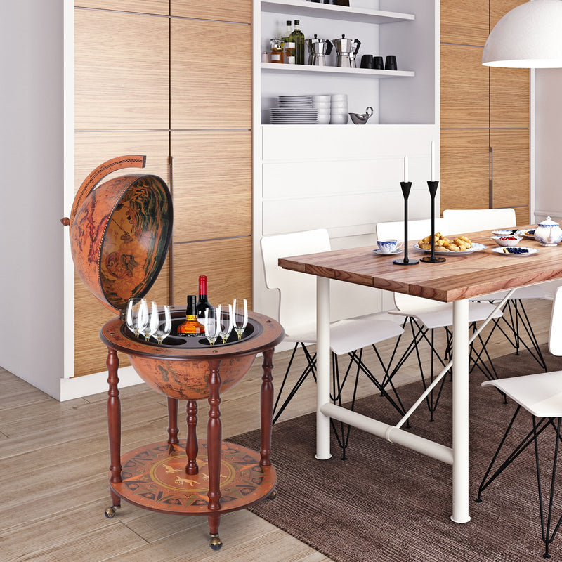 Portabottiglie Bar a Forma di Mappamondo Ø61x93 cm in Legno con Ruote