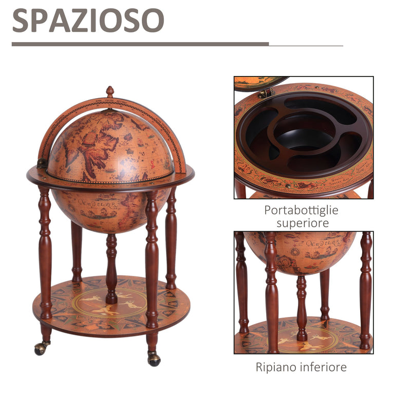 Portabottiglie Bar a Forma di Mappamondo Ø61x93 cm in Legno con Ruote