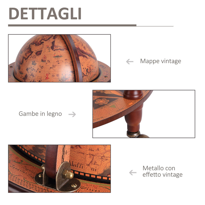 Portabottiglie Bar a Forma di Mappamondo Ø61x93 cm in Legno con Ruote