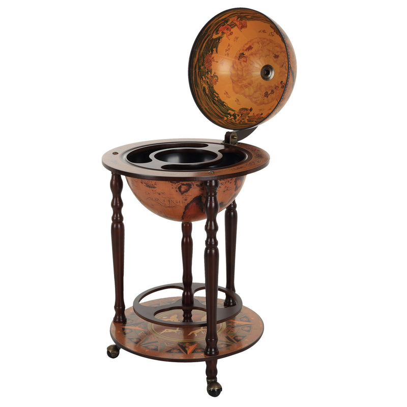 Portabottiglie Bar a Forma di Mappamondo Ø47x90 cm in Legno con Ruote