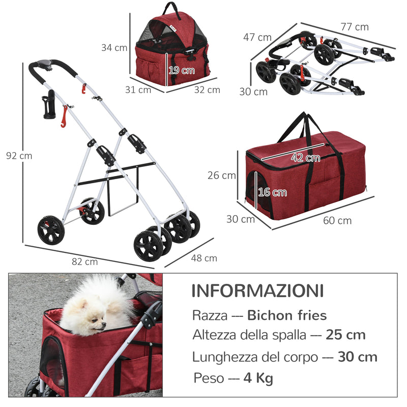 Passeggino Doppio per Cani e Gatti Pieghevole 82x48x100 cm in Metallo e Tessuto Oxford Rosso