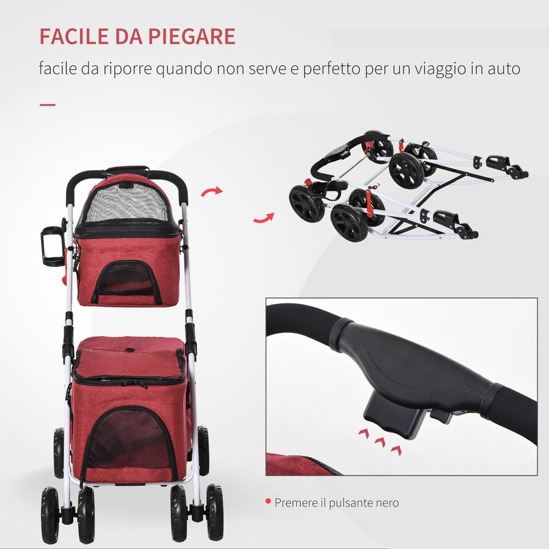 Passeggino Doppio per Cani e Gatti Pieghevole 82x48x100 cm in Metallo e Tessuto Oxford Rosso