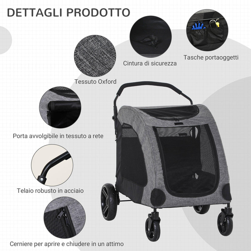 Passeggino per Cani Taglia Medio Grande 98x82x110 cm in Alluminio e Tessuto Oxford Grigio