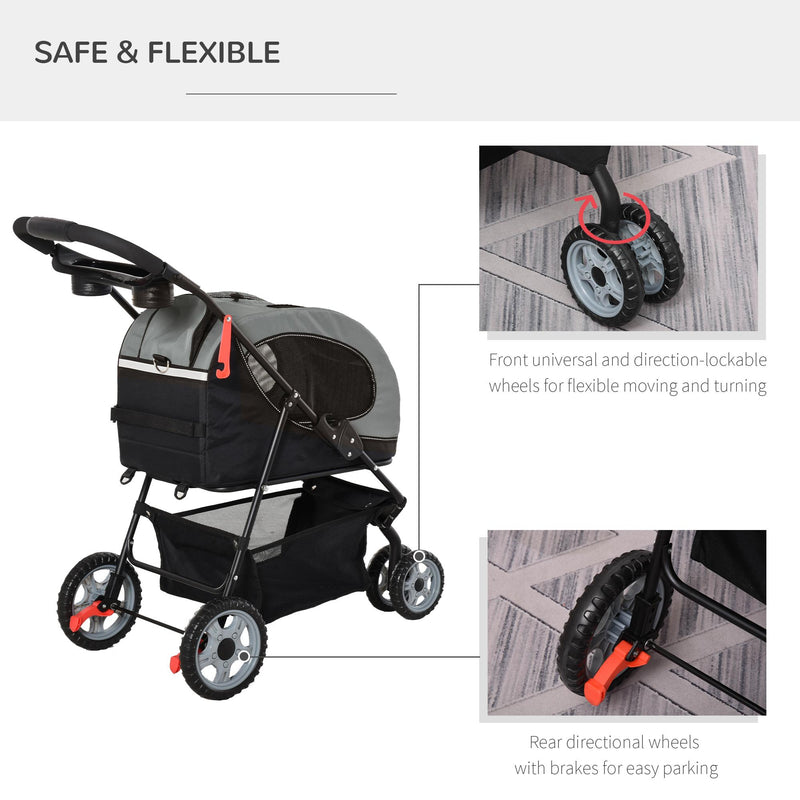 Passeggino per Cani e Gatti Pieghevole 100x45x92 cm con Trasportino Staccabile Nero e Grigio