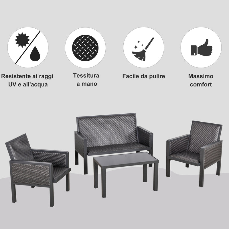 Set Salotto da Giardino Divano 2 Poltrone e Tavolino in Rattan Grigio