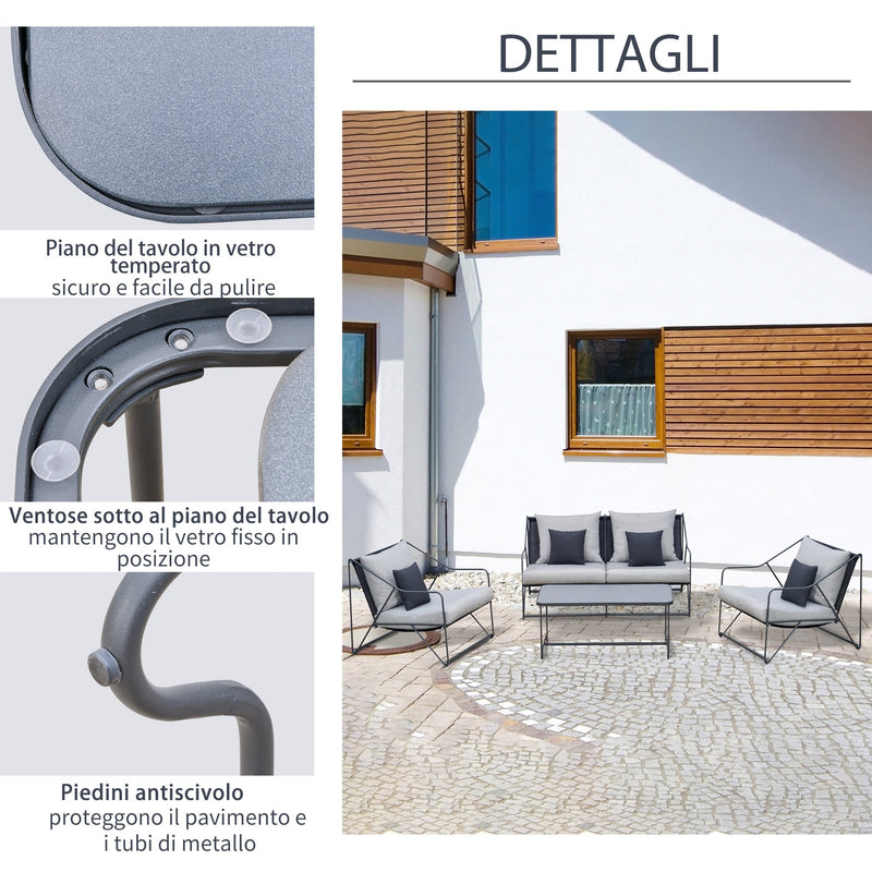 Set Salotto da Giardino Divano 2 Poltrone e Tavolino in Metallo e Textilene Grigio