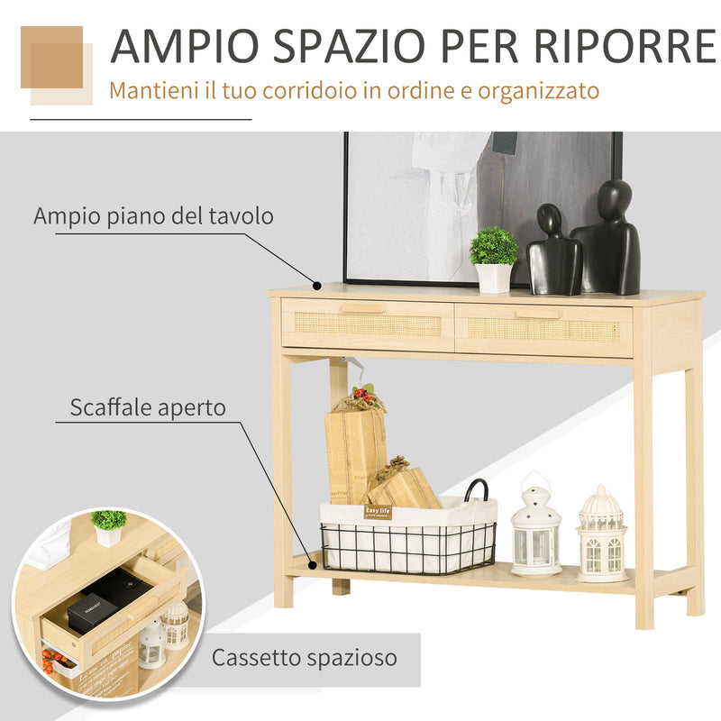 Consolle Ingresso 2 Cassetti 100x30x76 cm in Legno Naturale