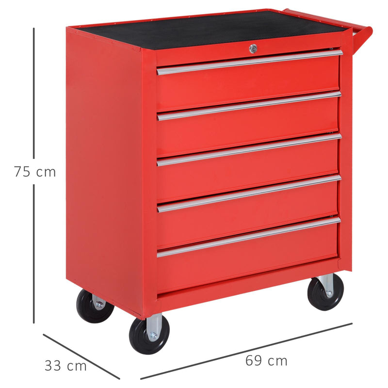 Carrello da Lavoro con 5 Cassetti Porta Utensili 69x33x75 cm in Acciaio Rosso
