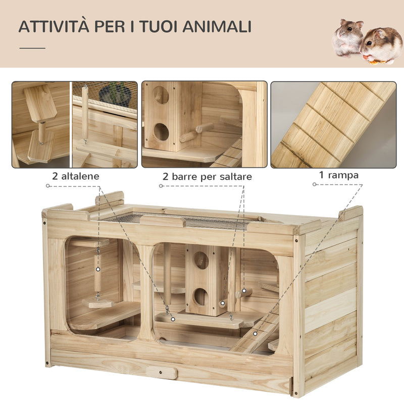 Gabbia per Roditori e Criceti 78x40x44 cm con Tetto Apribile in Legno Naturale