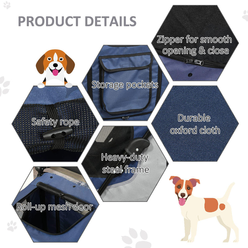 Passeggino per Cani Taglia Piccola Media 104,5x68,5x110 cm in Acciaio e Tessuto Oxford Grigio e Blu