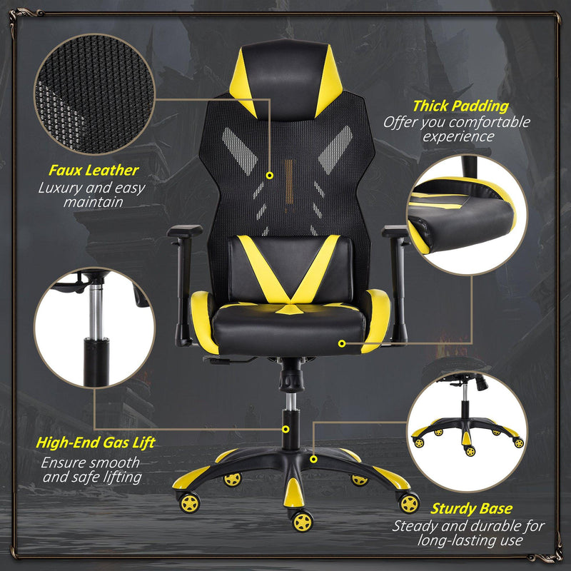 Sedia da Gaming Ergonomica in Similpelle e Rete Nero e Giallo