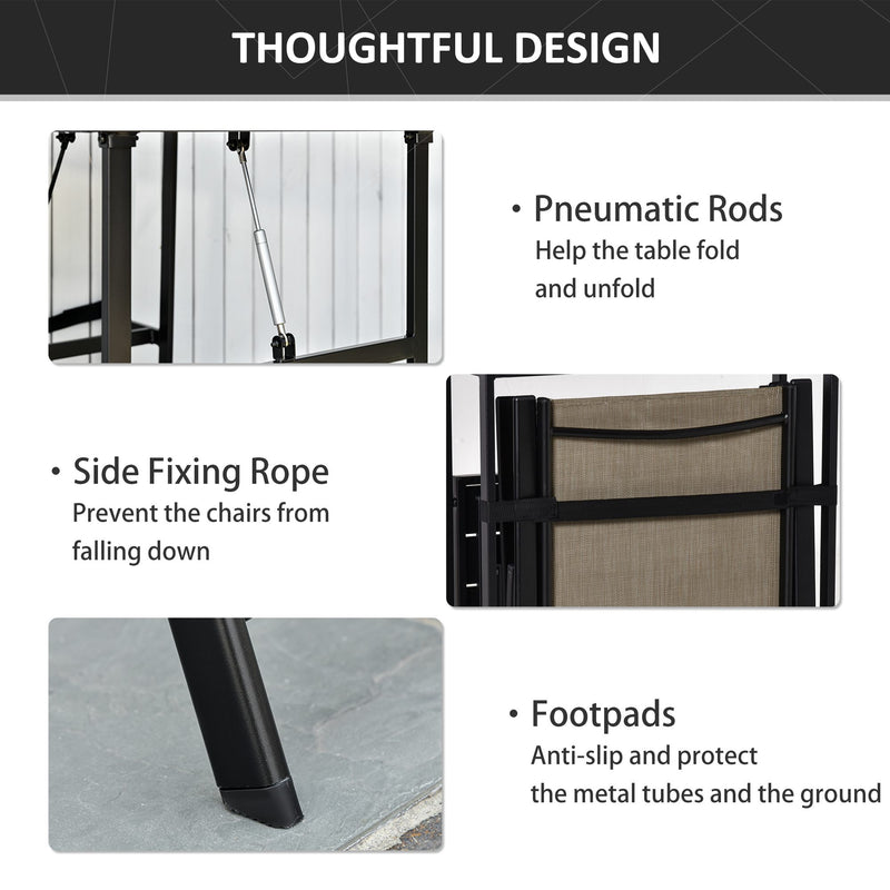 Set Tavolo con Mensola e 2 Sedie Pieghevoli da Giardino in Metallo e Textilene Marrone e Nero