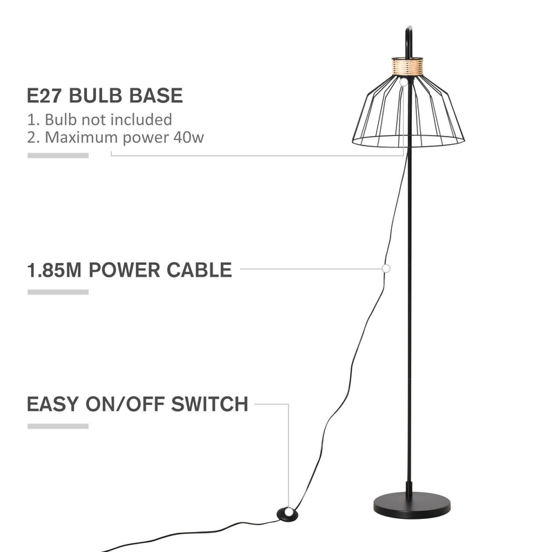 Lampada da Terra 44x34x154 cm in Metallo e Rattan Nero