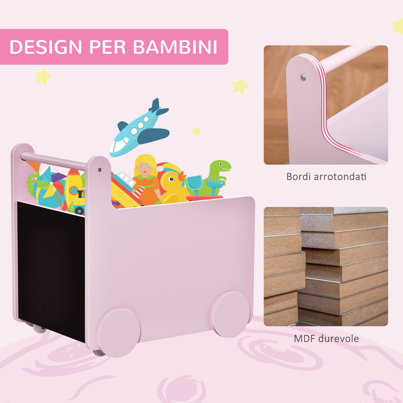 Carrello Portagiochi con Lavagne 47x35x45,5 cm in Legno MDF Rosa