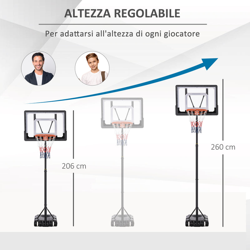 Canestro da Basket da Esterno Altezza Regolabile 160-210 cm in Acciaio con Ruote Nero