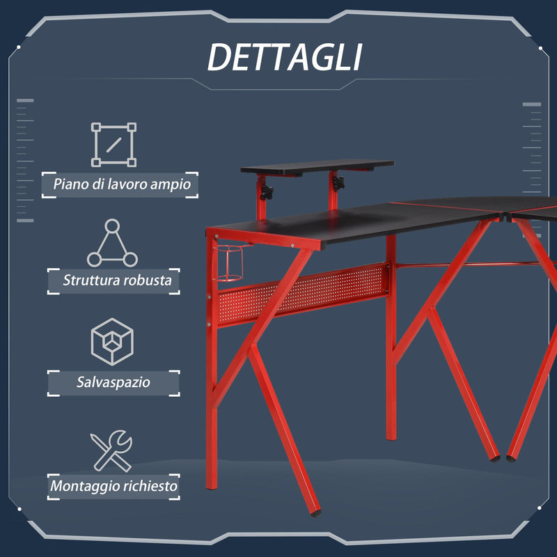 Scrivania da Gaming Angolare 125x125x75 cm in Metallo Nero e Rosso