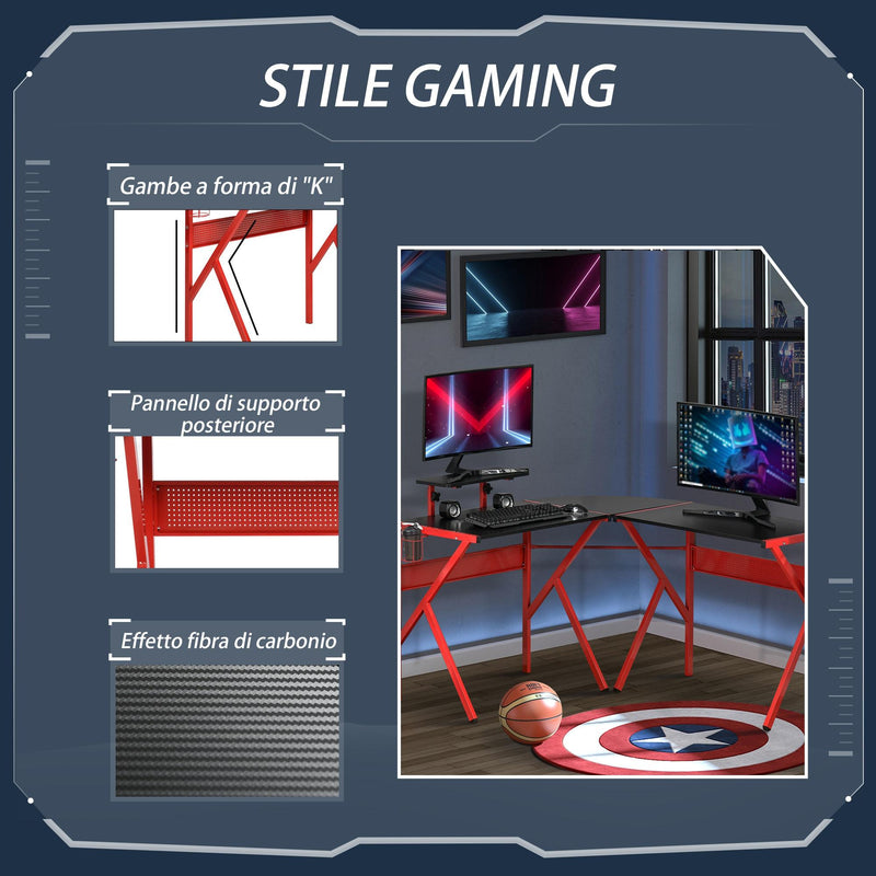 Scrivania da Gaming Angolare 125x125x75 cm in Metallo Nero e Rosso