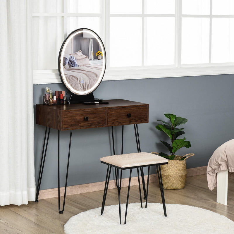 Consolle Trucco 2 Cassetti 80x40x136 cm con Specchio e Sgabello Noce