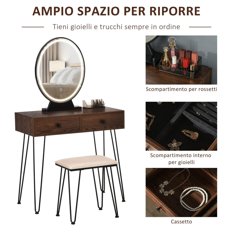 Consolle Trucco 2 Cassetti 80x40x136 cm con Specchio e Sgabello Noce