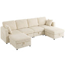 Divano Modulare a U 4 Posti 306x153x85 cm con 2 Pouf Contenitori e 4 Cuscini in Velluto a Coste Bianco Crema      