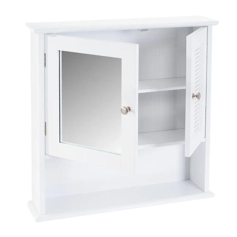 Mobile a Muro da Bagno Pensile con Griglia e Specchio Legno Bianco 56x13x58H cm