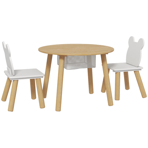 online Set con Tavolo e 2 Sedie per Bambini con Schienale a Orsetto Tavolino con Vano Contenitore in MDF Bianco e Legno