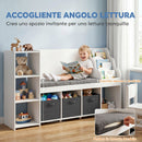 Scaffale Portagiochi per Bambini 3-8 Anni 137x40x80 cm con Libreria a 3 Livelli e Panca con Cuscino in MDF e Tessuto Bianco      
