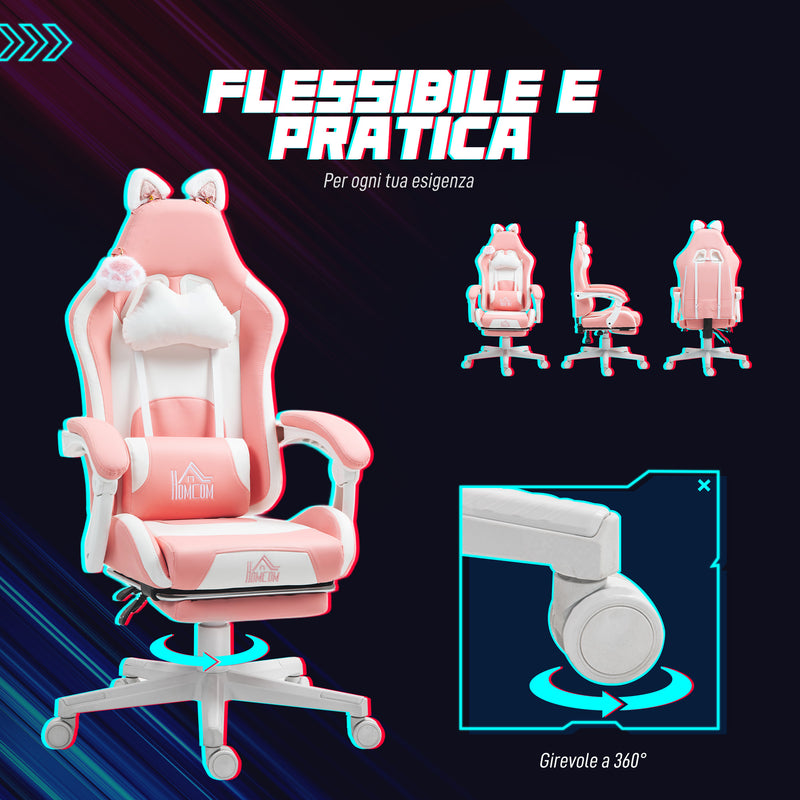 Sedia da Gaming Ergonomica con Orecchie da Gatto Poggiapiedi Retrattile e Schienale Reclinabile 135° Rosa  