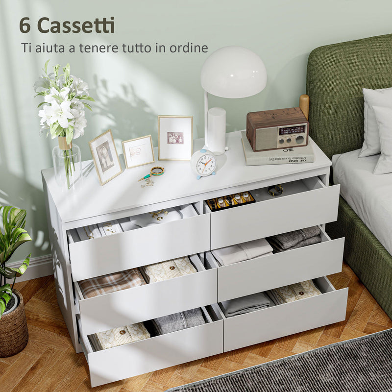 Comò Cassettiera 6 Cassetti 120x39x75 cm con Maniglie a Gola in Legno Bianco   