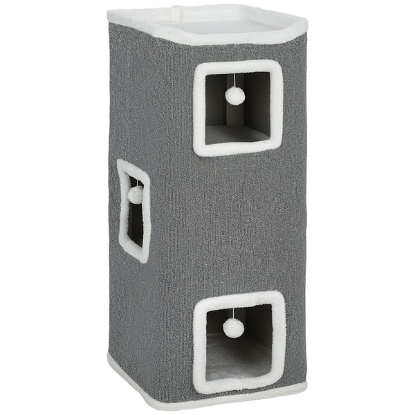 Torre per Gatti con 3 Casette Palline e Posatoio 41x41x100 cm in Legno Tessuto e Peluche Grigio e Bianco online