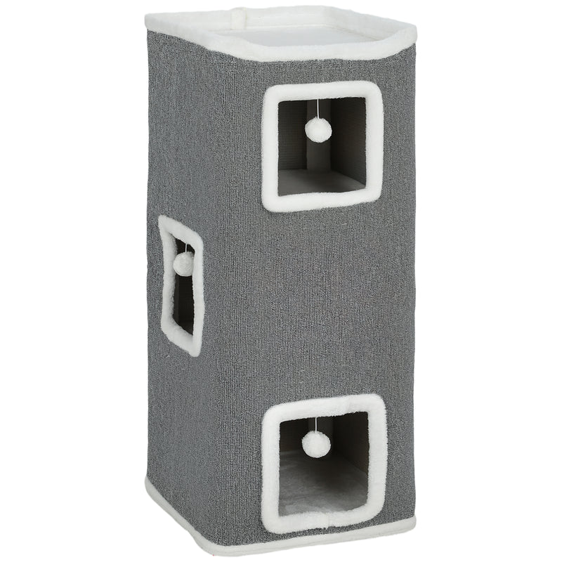Torre per Gatti con 3 Casette Palline e Posatoio 41x41x100 cm in Legno Tessuto e Peluche Grigio e Bianco      