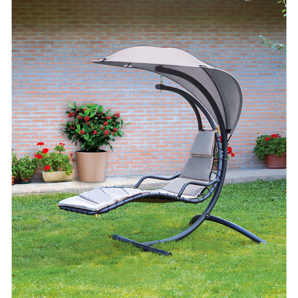 Hängende Gartenschaukel aus Eisen mit Kissen und Vorghini-Sonnenschirm in Anthrazit und Ecru acquista